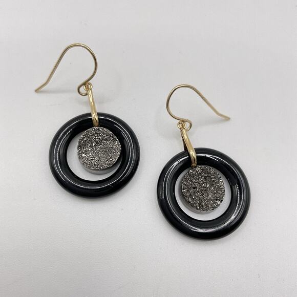 14k Gold Earrings Druzy Hemitate Black Onyx Dangle Hook 1.5” JCM Signed Dangle - Picture 5 of 10